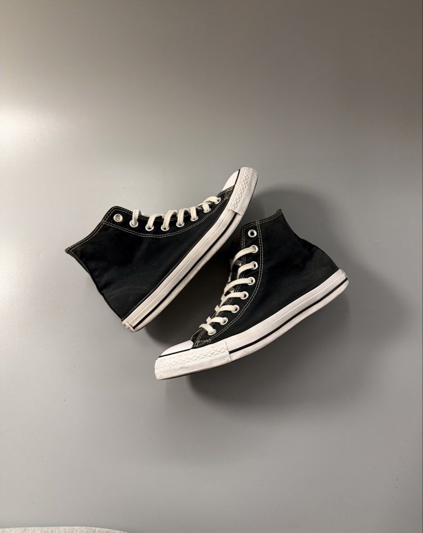 Converse Chuck Taylor All Star High Top Black (Category: Sneakers) located in Caloocan City. Submitted by maempenafi21452 (Listing ID 1470461089, Image 1). Description: - Item: Classic Black Converse High Tops - Size: US Men's 8 / US Women's 10 / EUR 41.5 - Condition: Clean, soles show minimal wear - Details: Canvas upper, white rubber toe caps, contrast stitching, and iconic All Star ankle patch - Inclusions: White laces and brown rubber outsole