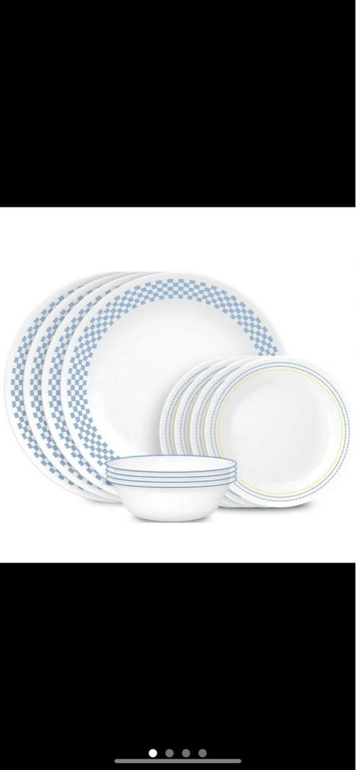 Corelle 12-Piece Amelia Dinnerware Set (Category: Dinnerware & Cutlery) located in Quezon City. Submitted by modernbabies (Listing ID 1470458573, Image 1). Description: Corelle 12-piece dinnerware set in the Amelia pattern. Includes four 10.25-inch dinner plates with blue checkerboard design, four 6.75-inch appetizer plates with delicate dotted rim, and four 18-ounce soup or cereal bowls. Made of Vitrelle extra strength glass. Space saving stacka