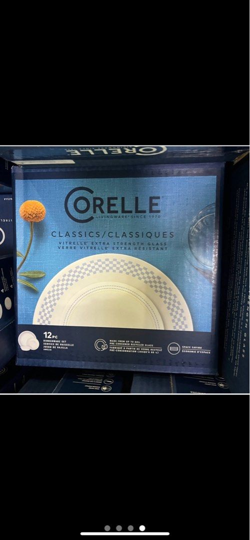 Corelle 12-Piece Amelia Dinnerware Set (Category: Dinnerware & Cutlery) located in Quezon City. Submitted by modernbabies (Listing ID 1470458573, Image 3). Description: Corelle 12-piece dinnerware set in the Amelia pattern. Includes four 10.25-inch dinner plates with blue checkerboard design, four 6.75-inch appetizer plates with delicate dotted rim, and four 18-ounce soup or cereal bowls. Made of Vitrelle extra strength glass. Space saving stacka