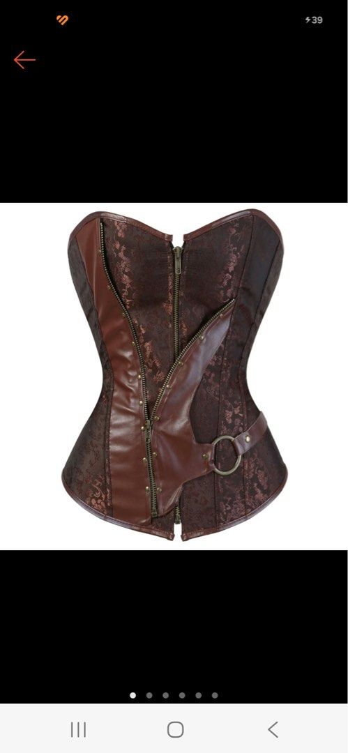 Corset Top (Category: Sleeveless) located in Makati City. Submitted by famaegpalatino27-78330 (Listing ID 1470429128, Image 1). Description: - Brown corset top with faux leather trim and brocade fabric - Double front zippers with bronze-tone hardware - Side strap accent with metal ring and grommet detailing - Structured boning inside for shaping - Condition: Worn once for a costume party, carefully stored ORIGINAL PRICE: 719 pesos.