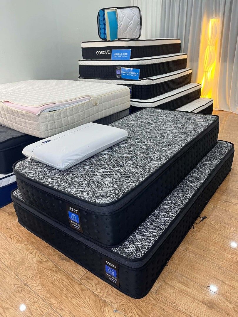 Cosova Pocket Spring Mattress (Category: Bed Frames & Mattresses) located in Manila. Submitted by reneekyuttt (Listing ID 1470519418, Image 1). Description: - Brand: Cosova Pocket Spring Mattress - Sizes Available: Single and Double - Thickness: Approx. 26 cm - Support: Firm supportive coil layer, perfect for daily sleeping - Design: Stylish black and white patterned top with dark side panels - Availability: Multiple units ready in warehouse, fas