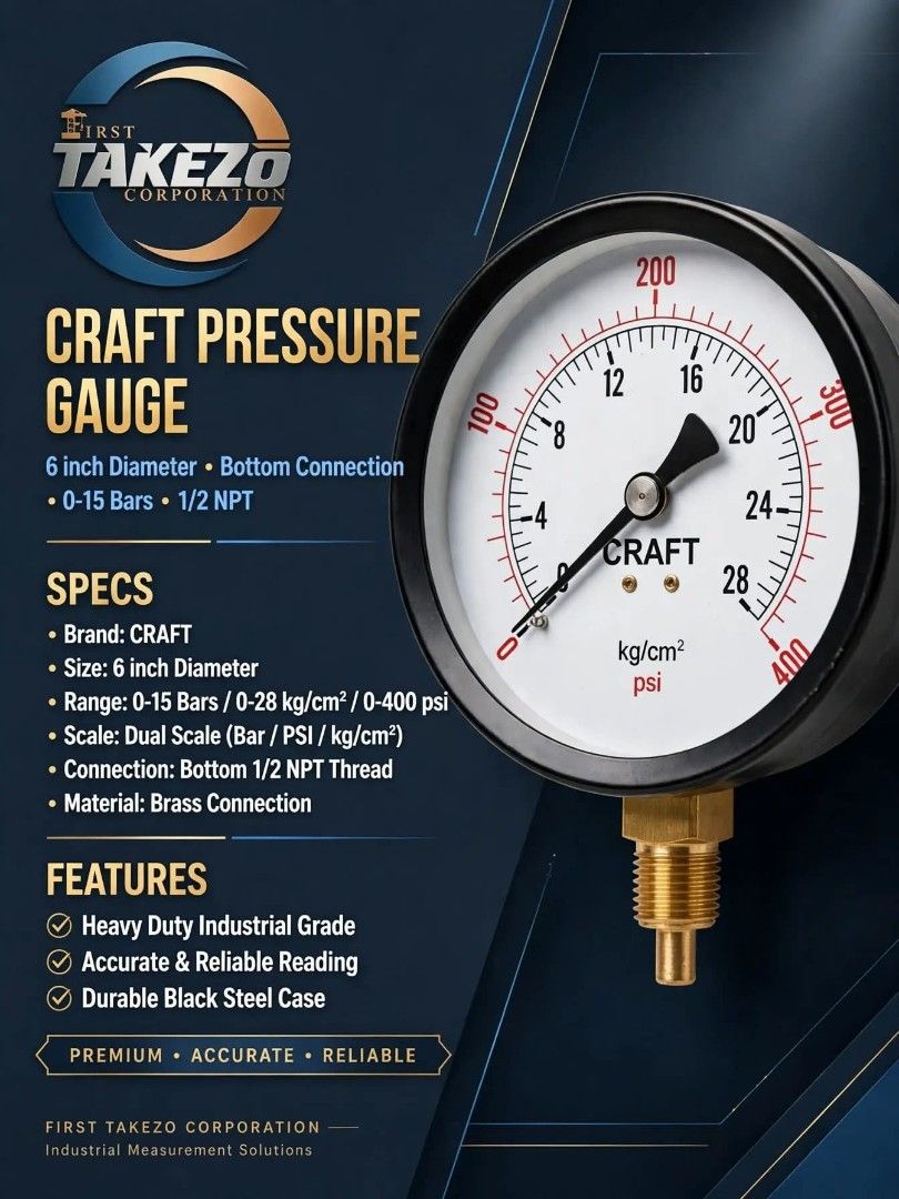 Craft pressure gauge 6" (Category: Construction Tools & Equipment) located in Imus. Submitted by oscarlegaspi92 (Listing ID 1470374318, Image 1). Description: Craft Pressure guage 6" dia bottom connection 0-15 bars; 1/2 npt.