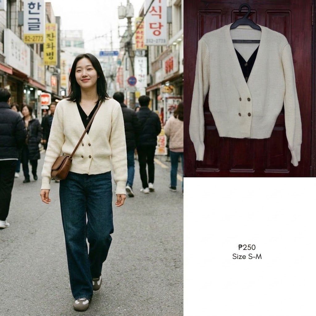Cream Double-Button Cardigan Sweater (Category: Coats, Jackets and Outerwear) located in Pasig City. Submitted by styledfitsbymae (Listing ID 1470513030, Image 1). Description: - Color: Cream - Style: Knitted cardigan with V-neckline and long sleeves - Closure: Double-breasted front buttons - Fit: Comfortable fit for sizes S to M - Versatile layering piece, perfect for daily wear and easy to pair with denim.