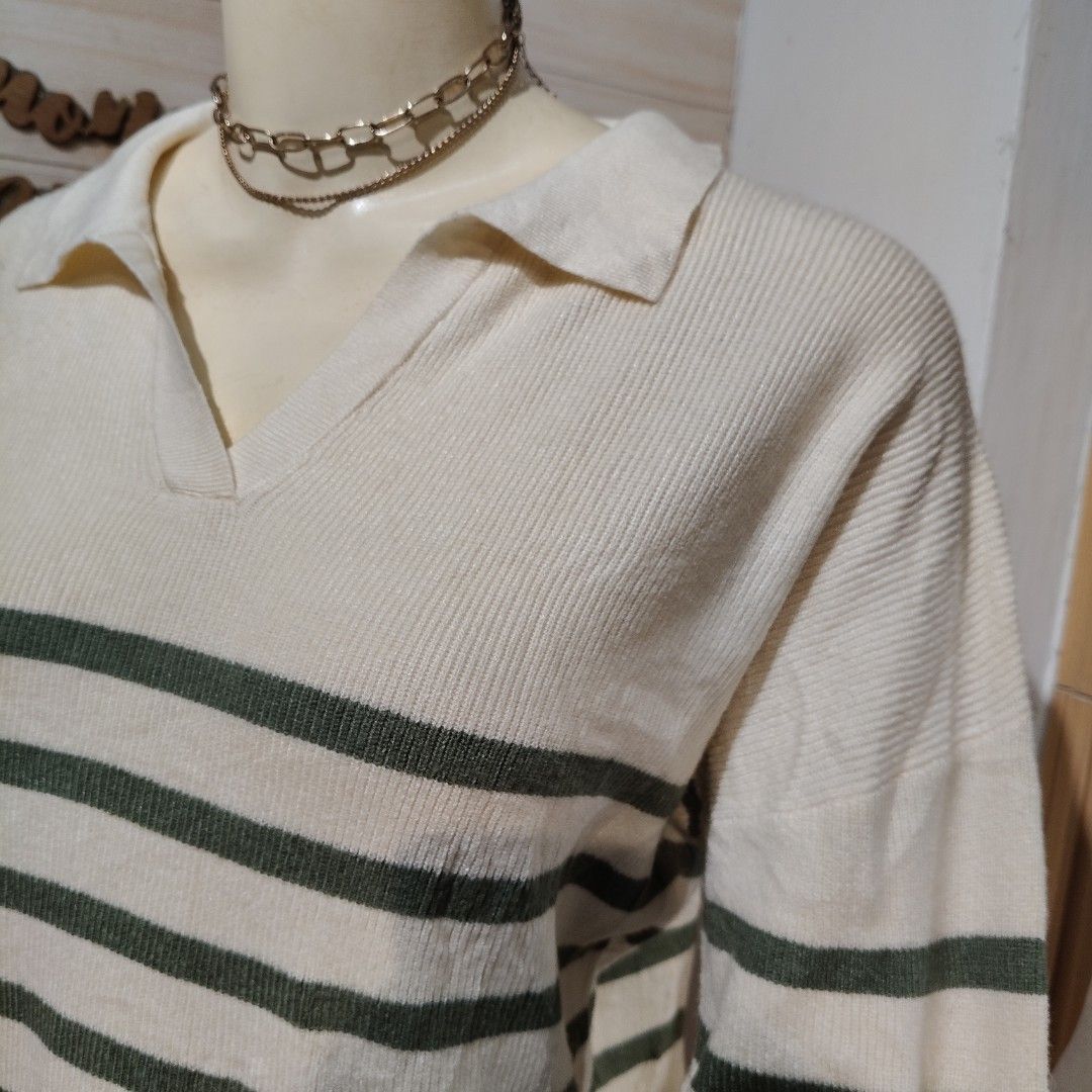 Cream Green Striped Collared Sweater with Pleated Hem (Category: Longsleeves) located in Bulacan. Submitted by alyssarys (Listing ID 1470524859, Image 2). Description: - Cream and green striped knit sweater with a trendy layered look - Features a collared V-neck and long sleeves - Includes an attached white pleated hem at the bottom - Crafted from premium, stretchable, and lightweight imported fabric - Comfortably fits sizes L to 2X.