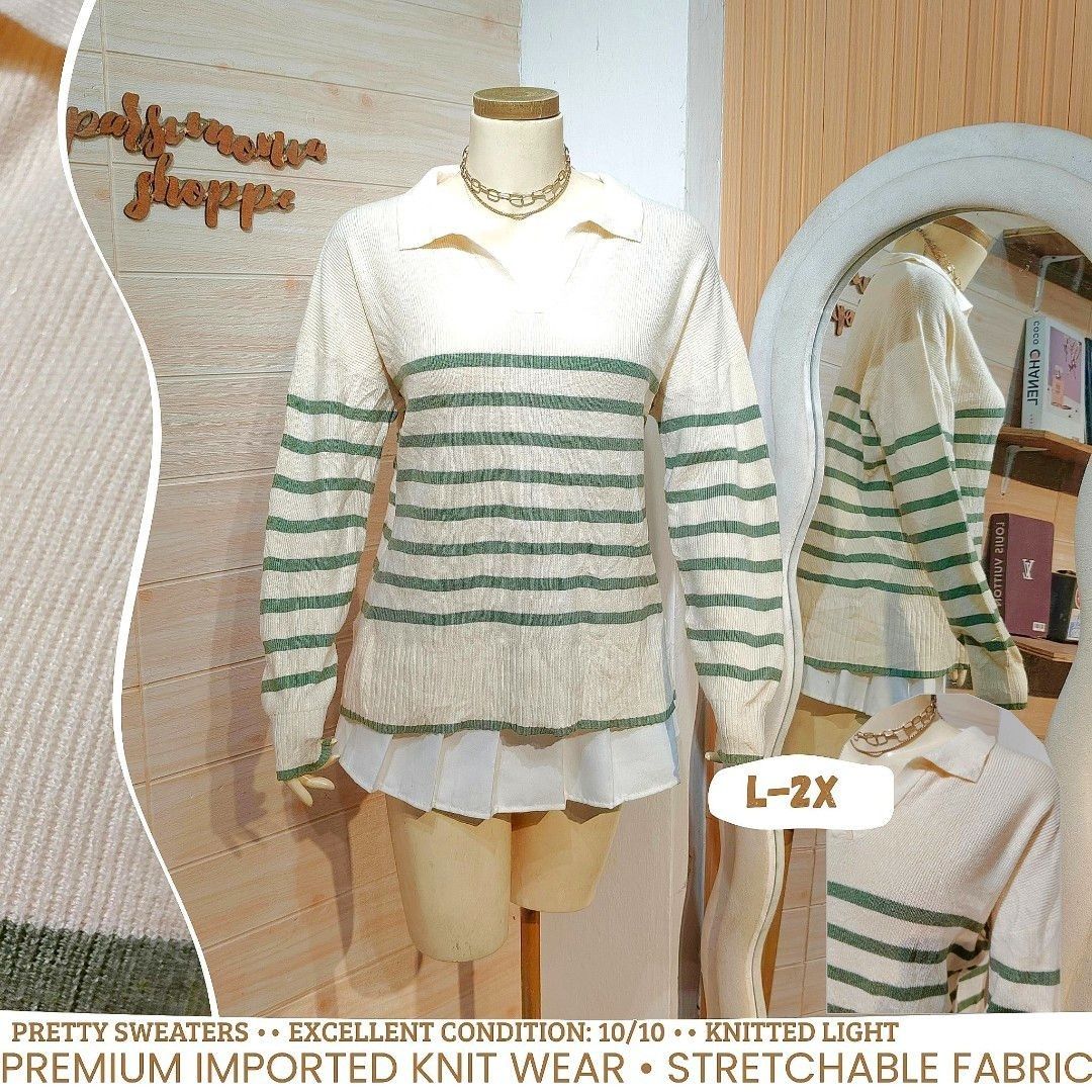 Cream Green Striped Collared Sweater with Pleated Hem (Category: Longsleeves) located in Bulacan. Submitted by alyssarys (Listing ID 1470524859, Image 1). Description: - Cream and green striped knit sweater with a trendy layered look - Features a collared V-neck and long sleeves - Includes an attached white pleated hem at the bottom - Crafted from premium, stretchable, and lightweight imported fabric - Comfortably fits sizes L to 2X.