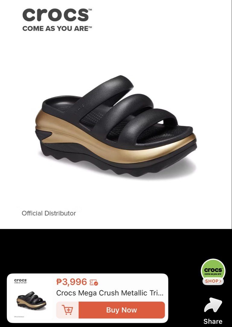 Crocs Mega Crush Metallic Tri Slide Sandals (Category: Slippers and slides) located in Laoag. Submitted by maepril (Listing ID 1470519528, Image 1). Description: - Brand: Crocs - Style: Three-strap slide sandals with a super distinct chunky silhouette - Sole: Thick chunky platform with a trendy metallic gold finish wrapping the middle layer - Comfort: Highly cushioned feel with a textured footbed for extra grip - Fit: Easy slip-on design - Condit
