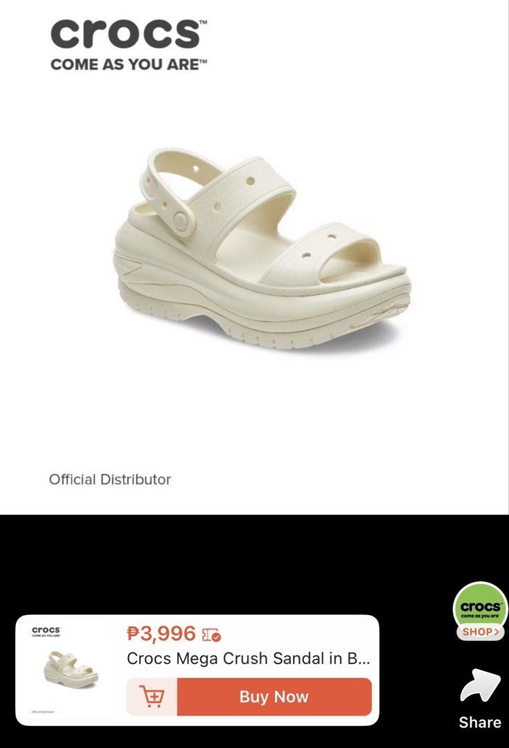 Crocs Mega Crush Sandal Bone (Category: Sandals) located in Laoag. Submitted by maepril (Listing ID 1470519408, Image 1). Description: - Color: Bone - Chunky platform sole with trendy cutout details - Adjustable heel strap with secure pin closure - Textured tread for extra grip and traction - Signature Crocs comfort foam construction - Original Retail Price: ₱3,996 Location: Laoag City Courier:J&T MOP: GCASH ONLY.