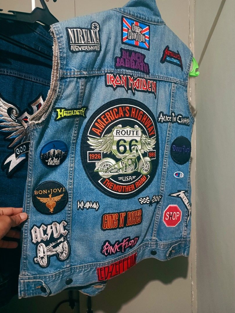 Custom Denim Jacket Vest Patchwork Rock Band Patches (Category: Coats, Jackets and Outerwear) located in Manila. Submitted by astiga (Listing ID 1470470310, Image 2). Description: - Custom DIY denim battle vest featuring a heavy wash and button-up closure - Back loaded with embroidered rock and metal band patches (Nirvana, Metallica, Iron Maiden, Megadeth, Guns N Roses, AC/DC, Black Sabbath) and Route 66 - Front accented with Levi's branding, Ame