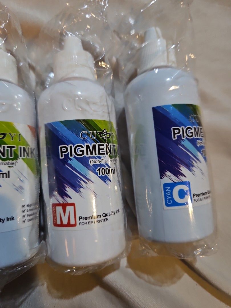 Cuyi Printer Ink 100ml CMYK for Inkjet Printer (Category: Printers, Scanners & Copiers) located in Manila. Submitted by elliaaa_ (Listing ID 1470521744, Image 3). Description: Cyan, Magenta, Yellow, Black Sealed, never opened RFS: incompatible w printer unit Retails for 145 each.