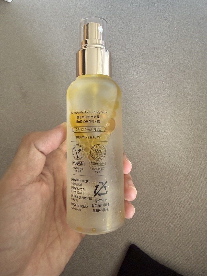 d'Alba White Truffle First Spray Serum 100ml (Category: Face Care) located in Paranaque City. Submitted by jojoycey (Listing ID 1470455573, Image 3). Description: - Product: d'Alba White Truffle First Spray Serum - Size: 100ml (Brand new, unopened, full volume) - Formula: Double layer serum infused with Italian white truffle - Certification: Vegan certified and skin irritation tested - Shelf Life: Manufactured March 2026, Expiry March 2029.