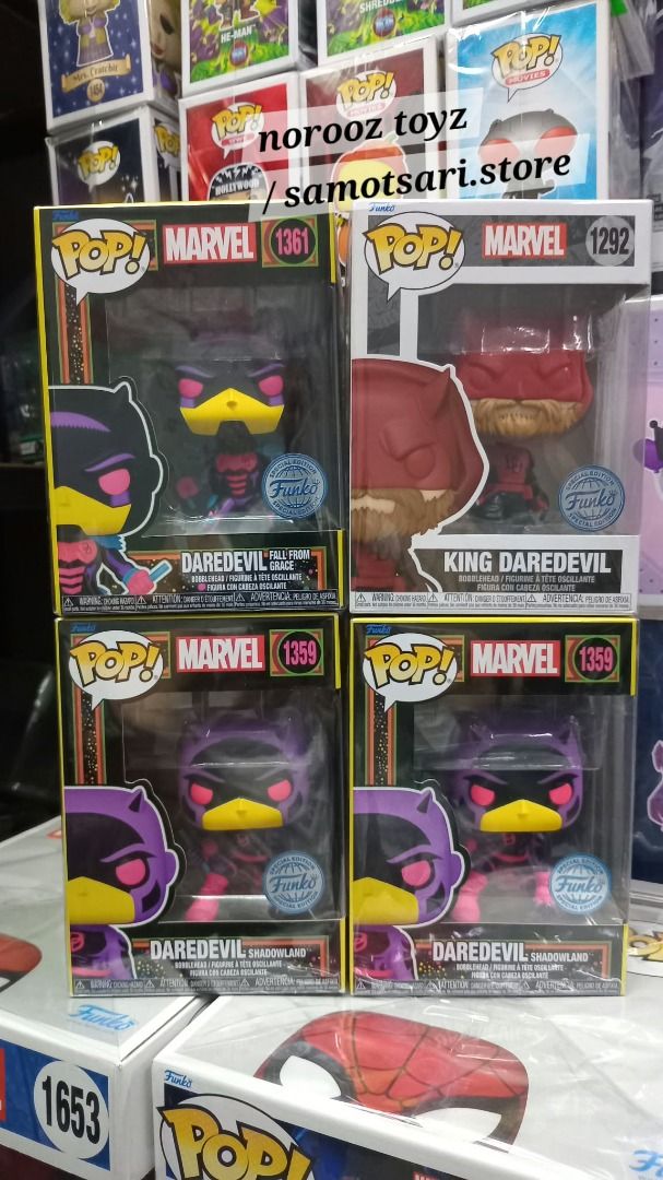 Daredevil Funko Pop Collection! 499-pesos EACH (Category: Figurines & Statues) located in Pasig City. Submitted by samotsari.store (Listing ID 1470492836, Image 1). Description: 👀✨ Daredevil Funko Pop Collection! 😈🔴 Mga boss, silip tayo! 👀 Mga Daredevil fans at Funko Pop collectors, baka ito na ang chance para madagdagan ang inyong collection! 🔥 🔴 Available Funko Pops: - Funko Pop King Daredevil #1292 — 1 pc - Funko Pop Daredevil: Fall from