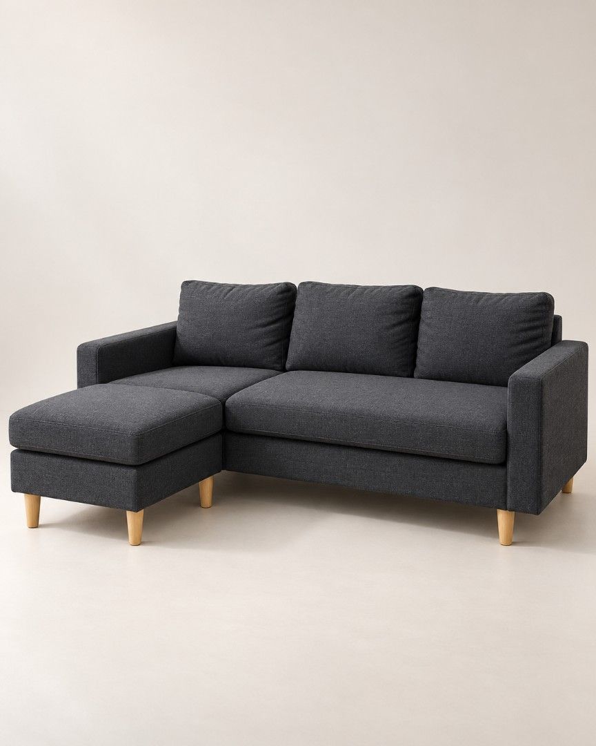 Dark Grey Fabric Sofa 190 cm (Category: Sofas) located in Carmona. Submitted by redtagged. (Listing ID 1470357585, Image 2). Description: - Original price: ₱16,900 - Purchased: December 2020 - Dark gray fabric with wooden legs - Includes matching chaise - Needs deep cleaning - Removable cushions - Cushion springs are broken (cushions can be replaced) - Sofa base/legs are still in good condition - Sold as-is - Buyer to arrange pickup and transport