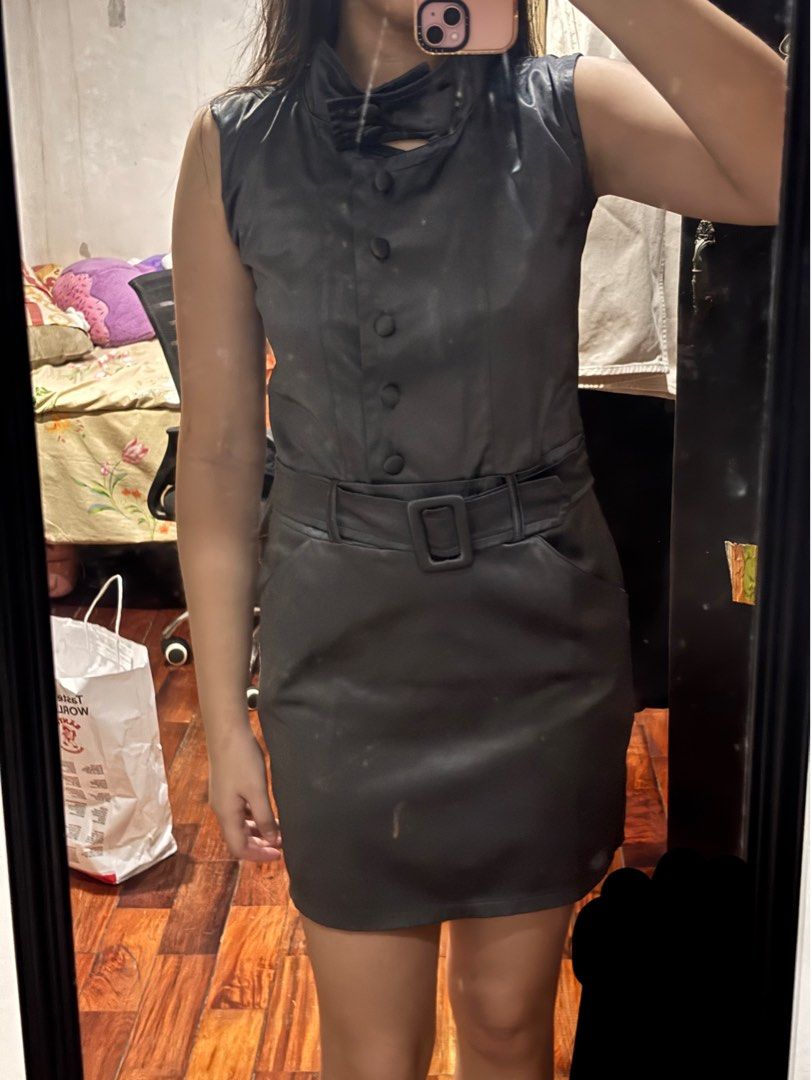 Dark Grey Turtle High Neck Button Belt Dress (Category: Dresses) located in Las Pinas. Submitted by kylloren_ (Listing ID 1470384924, Image 2). Description: rfs: decluttering - fits s-m frames - first pic for inspo only.