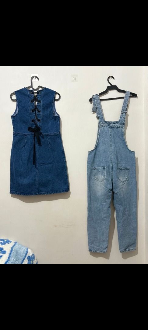 Denim Dress and Denim Overalls Bundle (Category: Sets or Coordinates) located in Caloocan City. Submitted by keengem_808a38 (Listing ID 1470521170, Image 2). Description: - Bundle of 2 versatile denim wardrobe staples - Piece 1: Dark wash denim dress with cute laced ribbon detail on the back - Piece 2: Light wash denim overalls with functional front/back pockets and adjustable straps - Easy to style with t-shirts or sweaters underneath - Clean, w