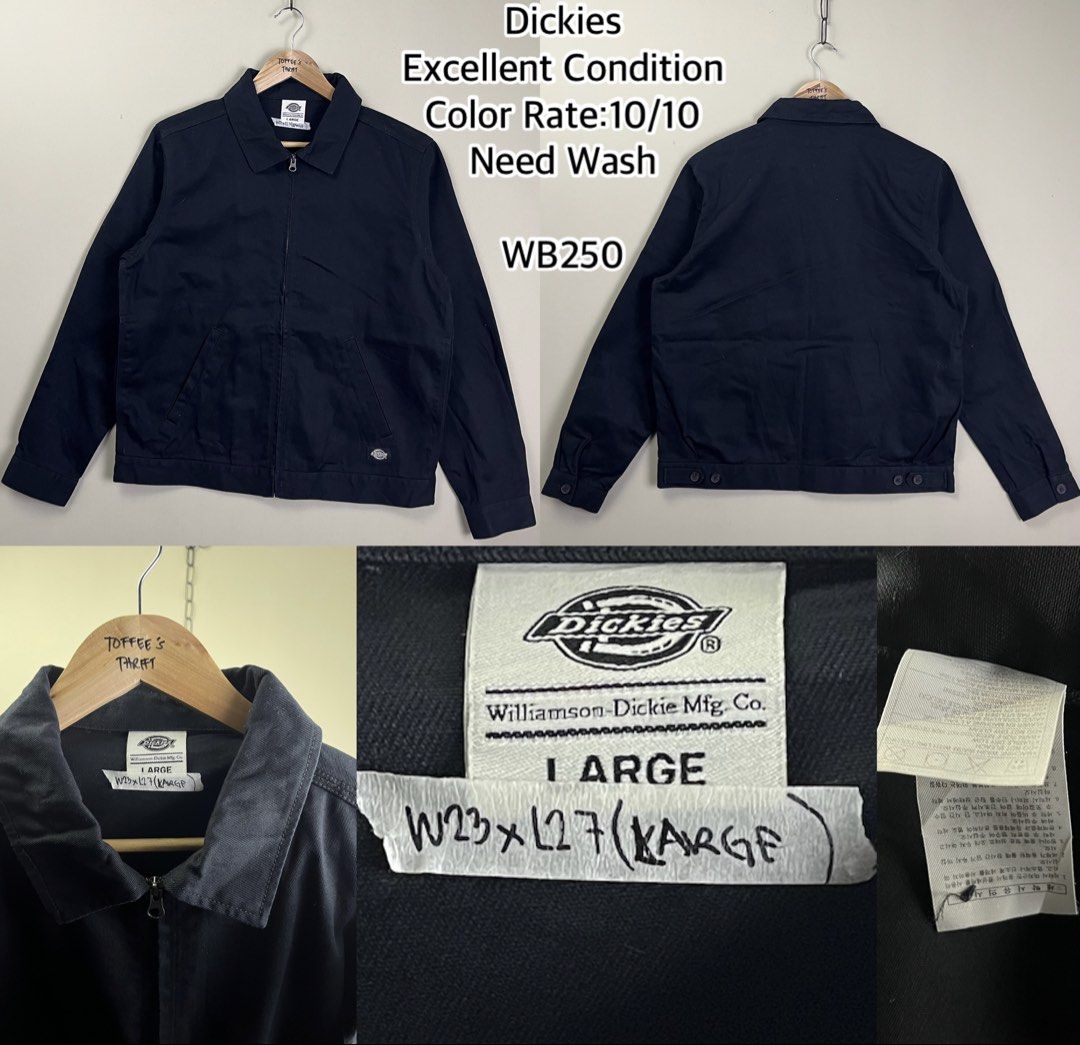 Dickies Black Work Jacket (Category: Coats, Jackets and Outerwear) located in Malaybalay. Submitted by toffee_s_thrift0.1 (Listing ID 1470520312, Image 1). Description: - Brand: Dickies - Color: Black - Size: Large (Width: 23" | Length: 27") - Style: Classic collared full-zip work jacket with front angled pockets - Details: Williamson-Dickie neck label, adjustable button tabs at back hem - Condition: Clean dark fabric with solid, durable stitchin