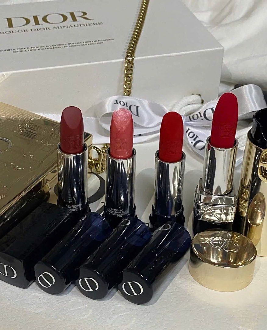 Dior lipstick clutch set (Category: Makeup) located in Caloocan City. Submitted by thylina_west24 (Listing ID 1470360154, Image 3). Description: ✨ DIOR Rouge Dior Minaudière Lipstick & Clutch Set ✨ Luxury meets beauty! 💄💋 This elegant gold Dior clutch comes with 4 gorgeous lipstick shades, perfect for every occasion. Features a detachable chain strap, making it a chic mini bag and a luxurious makeup collectible. Perfect for gifting or treating 