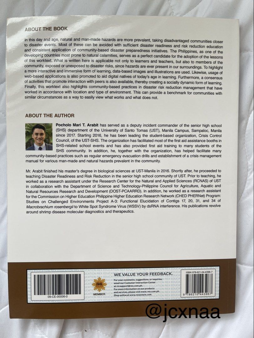Disaster Readiness And Risk Reduction (Category: Textbooks) located in Taguig. Submitted by jcxnaa (Listing ID 1470387887, Image 2). Description: Author: Pocholo Mari T. Arabit RFS: Never used 🏷️: ust shs, drrr, science.