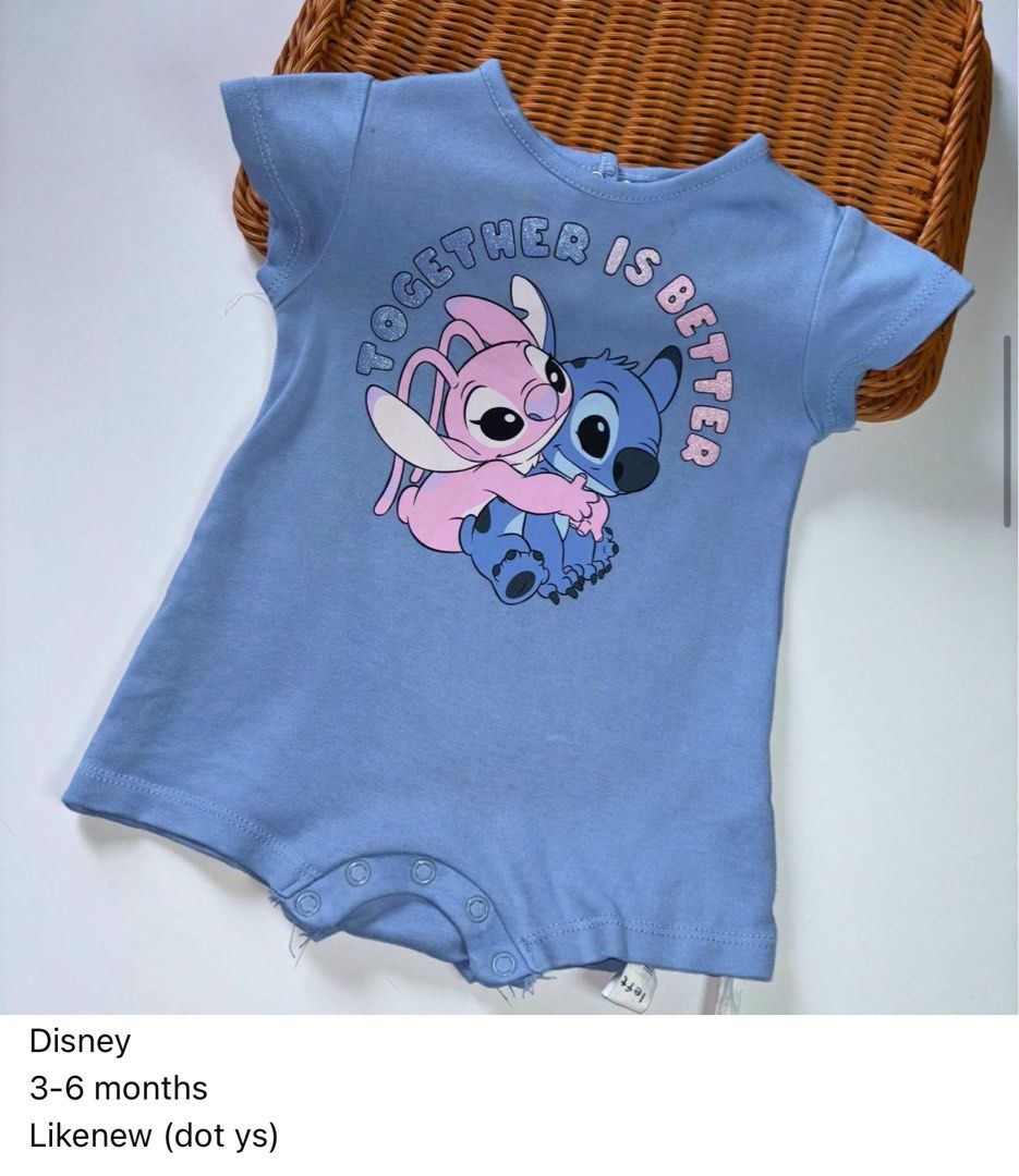 Disney Stitch & Angel Romper 3-6 Months (Category: Babies & Kids Fashion) located in Manila. Submitted by miamoire (Listing ID 1470556773, Image 1). Description: - Authentic Disney Baby romper in light blue - Adorable Stitch and Angel graphic with "Together Is Better" text - Size: 3-6 months - Made from ultra-soft, baby-friendly cotton fabric - Short sleeves for breathable comfort - Bottom snap buttons for quick and easy diaper changes.