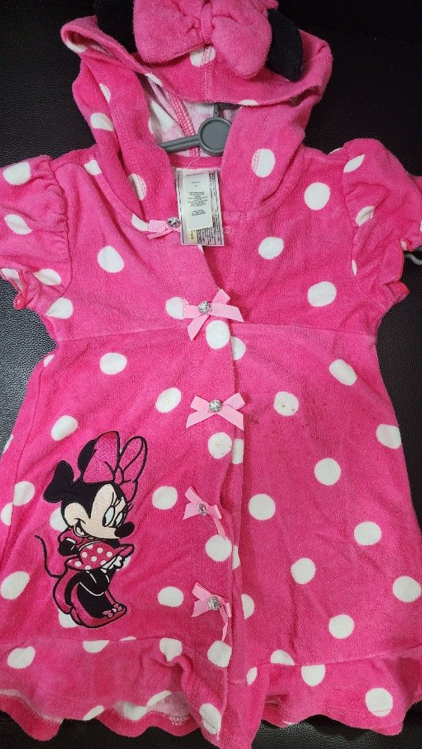 Disney Store Minnie Mouse & Tinker Bell Hooded Dresses Bundle (Category: Babies & Kids Fashion) located in Caloocan City. Submitted by s.go2014 (Listing ID 1470528695, Image 1). Description: Bundle of three Disney Store hooded dresses. Includes red Minnie Mouse with white polka dots, pink Minnie Mouse with polka dots, and turquoise Tinker Bell with a floral flower appliqué. Each dress has short sleeves, a hood with colorful patterned lining, and 