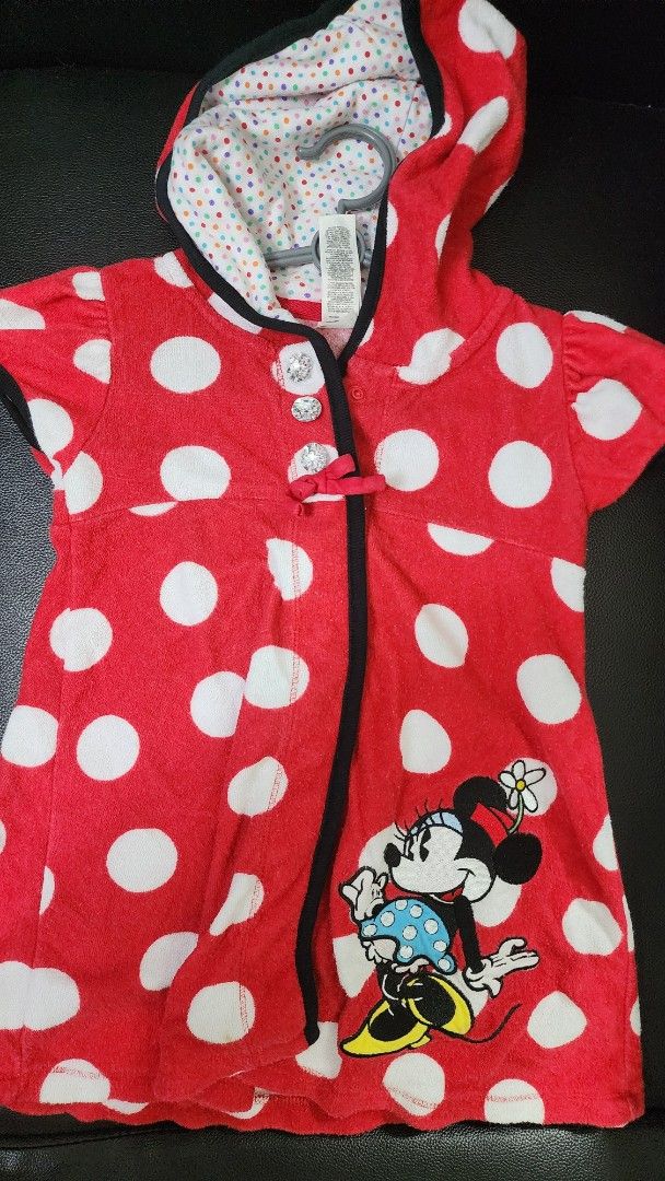Disney Store Minnie Mouse & Tinker Bell Hooded Dresses Bundle (Category: Babies & Kids Fashion) located in Caloocan City. Submitted by s.go2014 (Listing ID 1470528695, Image 3). Description: Bundle of three Disney Store hooded dresses. Includes red Minnie Mouse with white polka dots, pink Minnie Mouse with polka dots, and turquoise Tinker Bell with a floral flower appliqué. Each dress has short sleeves, a hood with colorful patterned lining, and 