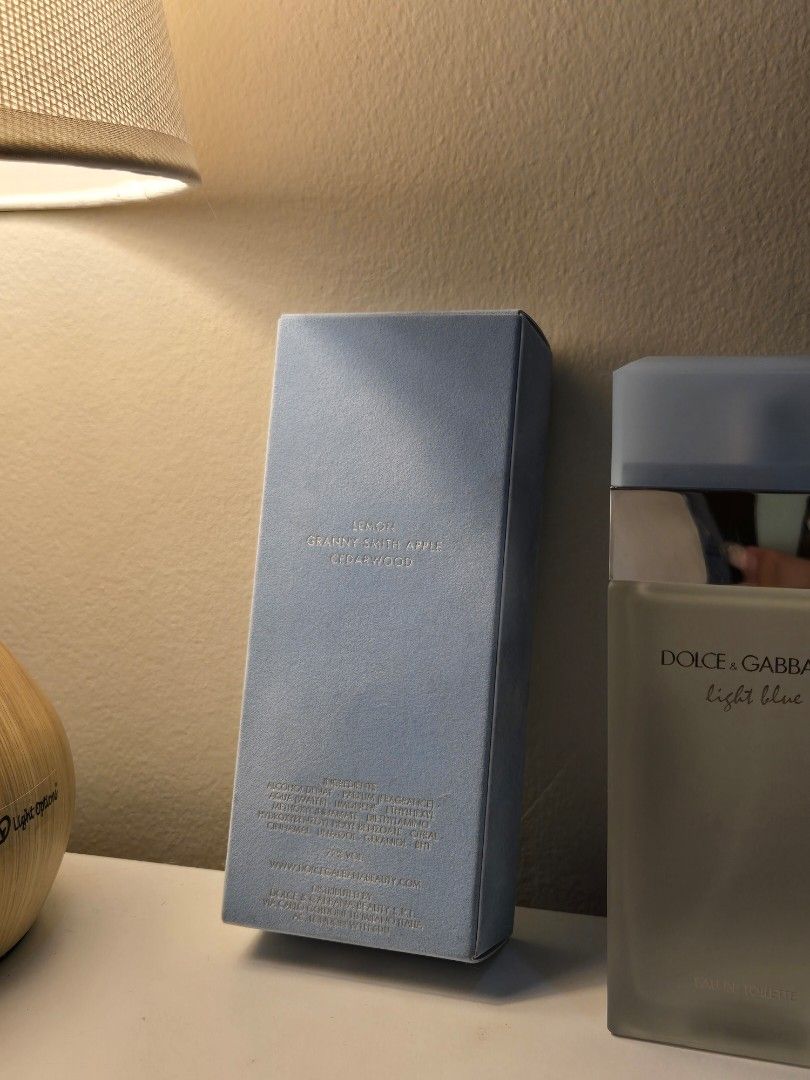 Dolce & Gabbana Light Blue Eau de Toilette 100ml (Category: Fragrance & Deodorants) located in Bulacan. Submitted by matchiii (Listing ID 1470524477, Image 3). Description: - Brand: Dolce & Gabbana - Item: Light Blue Eau de Toilette Spray - Size: 100ml - Only few sprays missing - Condition: Perfect condition, comes with original blue box - Scent Profile: Fresh citrus and cedarwood with notes of Sicilian lemon and Granny Smith apple - Bought in th