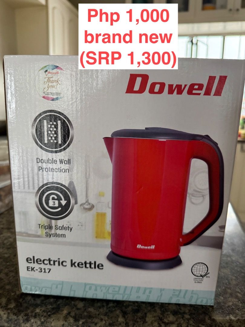 Dowell EK-317 Electric Kettle Red (Category: Kettles & Airpots) located in Cainta. Submitted by yoshikeiko (Listing ID 1470401111, Image 1). Description: - Brand/Model: Dowell EK-317 Electric Kettle - Color: Bright red with black base and handle - Safety: Double wall protection and built-in triple safety system - Inclusions: Original box included - Pricing: SRP 1,300 PHP, offering it for way less - Condition: Great deal, grab it before it goes!.