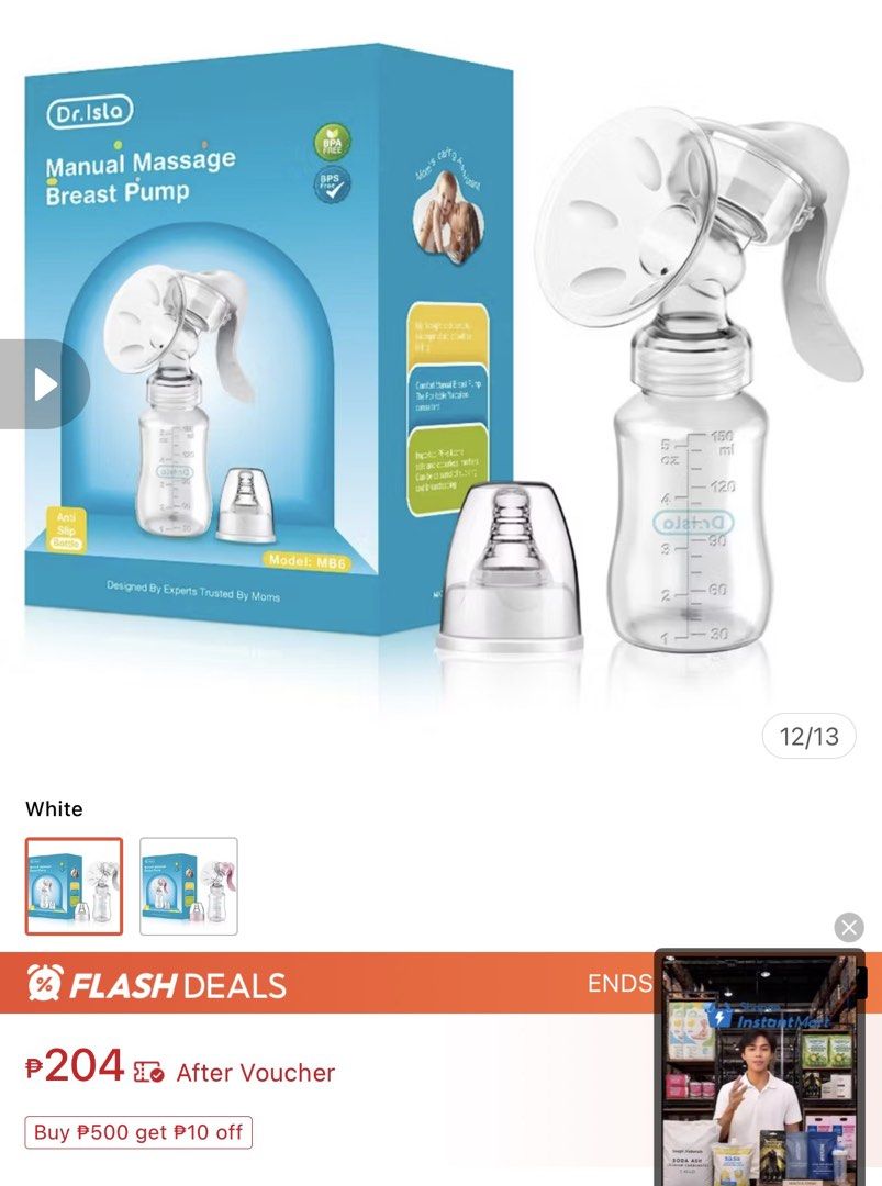 Dr. Isla Manual Massage Breast Pump Model MB6 (Category: Breastfeeding & Bottle Feeding) located in Alaminos. Submitted by amor1986 (Listing ID 1470354151, Image 1). Description: - Brand: Dr. Isla - Model: MB6 Manual Breast Pump - Condition: In original box - Material: 100% BPA free and BPS free - Features: Adjustable manual suction, soft massage cushion, and anti-slip bottle design - Inclusions: Manual pump handle, massage cushion, measured bott