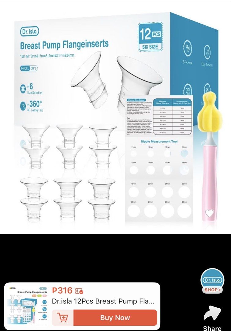 dr.isla 12Pcs Breast Pump Flange Inserts Set (Category: Breastfeeding & Bottle Feeding) located in Alaminos. Submitted by amor1986 (Listing ID 1470354282, Image 1). Description: - Brand: Dr.isla - Set includes: 12-piece flange insert set with 6 sizes (13mm to 24mm) - Material: Safe, BPA-free material that is easy to clean - Extras: Includes a handy nipple measurement tool and cleaning brush with a pink handle - Condition: Brand new in box, ready 
