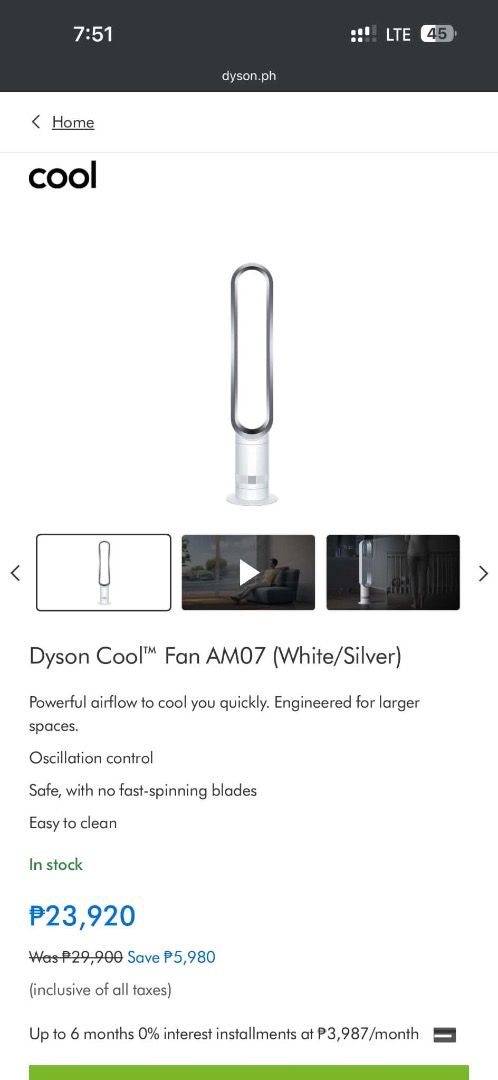 Dyson Cool AM07 Tower Fan (Category: Fans) located in Caloocan City. Submitted by holamoana (Listing ID 1470516881, Image 2). Description: FOR SALE: Dyson Cool™ AM07 Tower Fan (White/Silver) 💸 ₱20,000 — Negotiable Selling my Dyson Cool™ AM07 Tower Fan in White/Silver. ✅ Brand new and unused ✅ Fully sealed in its original box ✅ Powerful airflow ✅ Oscillation control ✅ Bladeless design for added safety ✅ Easy to clean ✅ Ideal for larger spaces 📦 