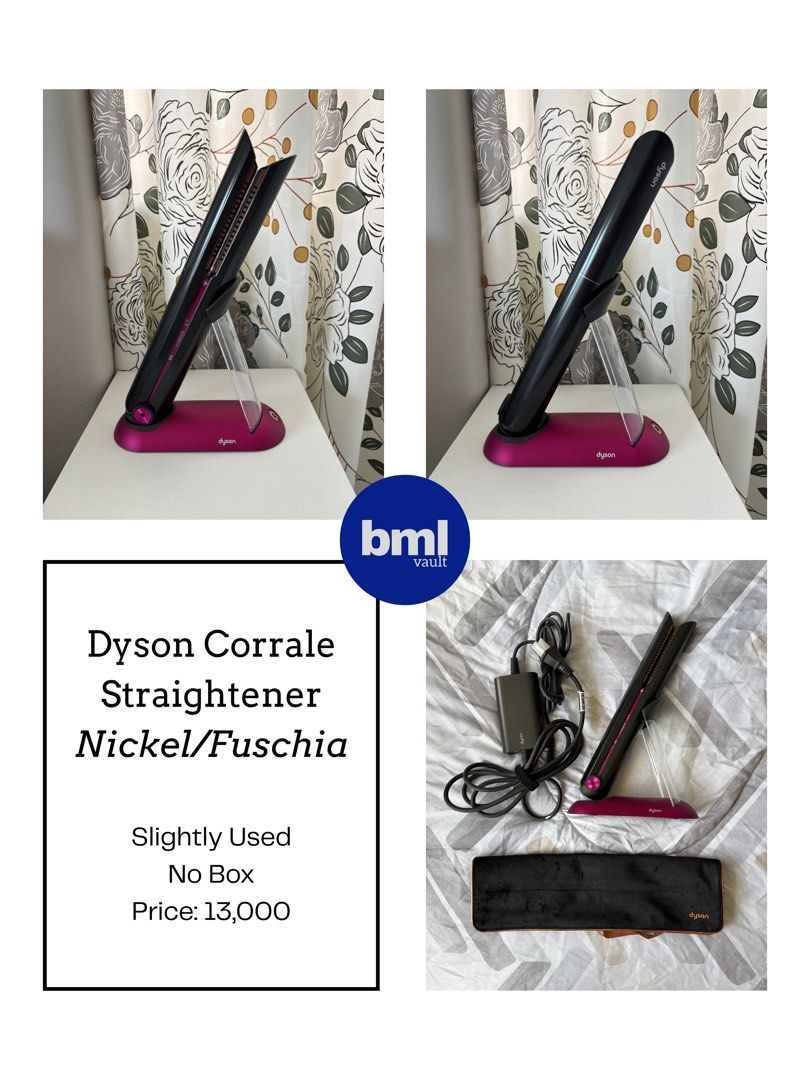 DYSON Corrale Straightener | BML Vault Philippines (Category: Hair) located in Cebu City. Submitted by bml_vault (Listing ID 1470396628, Image 1). Description: Dyson Corrale Straightener Color: Nickel/Fuschia SLIGHTLY Used No Box Includes: -Charging Port -Hear Resistant Travel Pouch -Magnetic 360 Degrees Charging Cable.