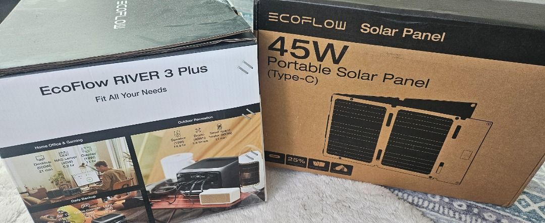 EcoFlow RIVER 3 Plus and 45W Solar Panel (Category: Batteries & Power Banks) located in Marikina City. Submitted by cg0nzal (Listing ID 1470536488, Image 1). Description: original factory boxes - EcoFlow RIVER 3 Plus power station included - Comes with a 45W portable solar panel featuring Type-C output - Ideal setup for emergency backup power and outdoor adventures - Ready for meetup or shipping within the Philippines.