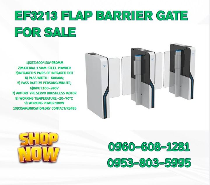 EF3213 flap barrier gate for sale (Category: Everything Else Others) located in Caloocan City. Submitted by happystorm_d41630 (Listing ID 1470423669, Image 1). Description: 1)Size:600*130*980mm 2)Material:1.5mm steel powder 3)infrared:5 pairs of infrared dot 4) Pass Width：600mm; 5) Pass rate:35 persons/minute; 6)Input:100-240V 7) Motor type: Servo Brushless Motor 8) Working temperature:-20~70℃ 9) Working power:100w 10)Communication: Dry Contact/R