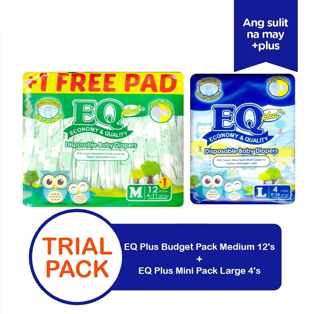 EQ Plus Budget Pack Medium 12s + Mini Pack Large 4s (Category: Diapers & Baby Wipes) located in Manila. Submitted by emi_. (Listing ID 1470410728, Image 1). Description: - EQ Plus Trial Pack Bundle - Medium Budget Pack: 12 pieces (For babies 6-11 kg) - Large Mini Pack: 4 pieces (For babies 9-14 kg) - Features secure magic tape and comfortable elastic waistband - Super absorbent multi-layer protection to prevent leaks - Brand new and authentic.