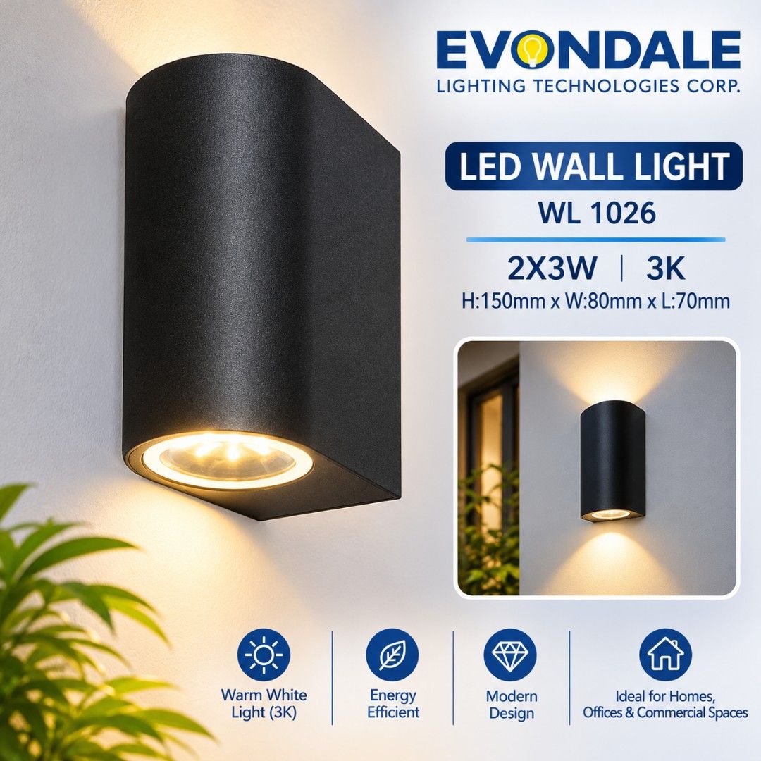 Evondale LED Wall Light WL 1026 2X3W 3K (Category: Lighting) located in Manila. Submitted by mightydeer_9dfc3d (Listing ID 1470357084, Image 1). Description: - Brand: Evondale - Model: WL 1026 - Finish: Modern black - Lighting: Up and down, 3K warm white - Power: Energy-efficient 2 x 3W - Dimensions: 150mm (H) x 80mm (W) x 70mm (D) - Ideal for: Homes, offices, and commercial spaces - Condition: Brand new and ready to install.