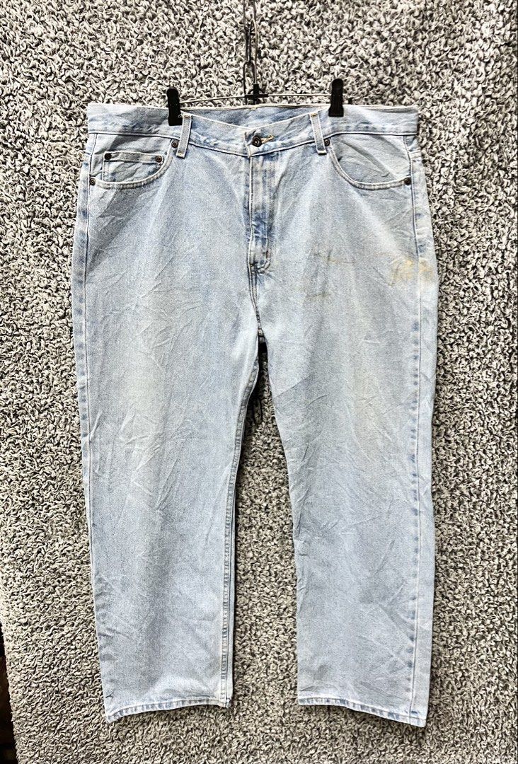 Faded Glory light wash denim jeans. | Size 38 (Category: Jeans) located in General Trias. Submitted by zrchustle.604 (Listing ID 1470458803, Image 1). Description: Faded Glory light wash denim jeans. These classic jeans feature a relaxed, straight-leg silhouette with a traditional five-pocket construction and standard button-and-zip closure. They showcase a worn, lived-in aesthetic with prominent natural fading across the front thighs and minor d