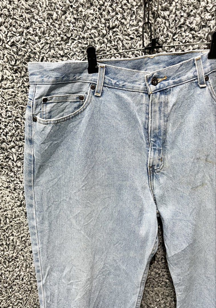Faded Glory light wash denim jeans. | Size 38 (Category: Jeans) located in General Trias. Submitted by zrchustle.604 (Listing ID 1470458803, Image 2). Description: Faded Glory light wash denim jeans. These classic jeans feature a relaxed, straight-leg silhouette with a traditional five-pocket construction and standard button-and-zip closure. They showcase a worn, lived-in aesthetic with prominent natural fading across the front thighs and minor d