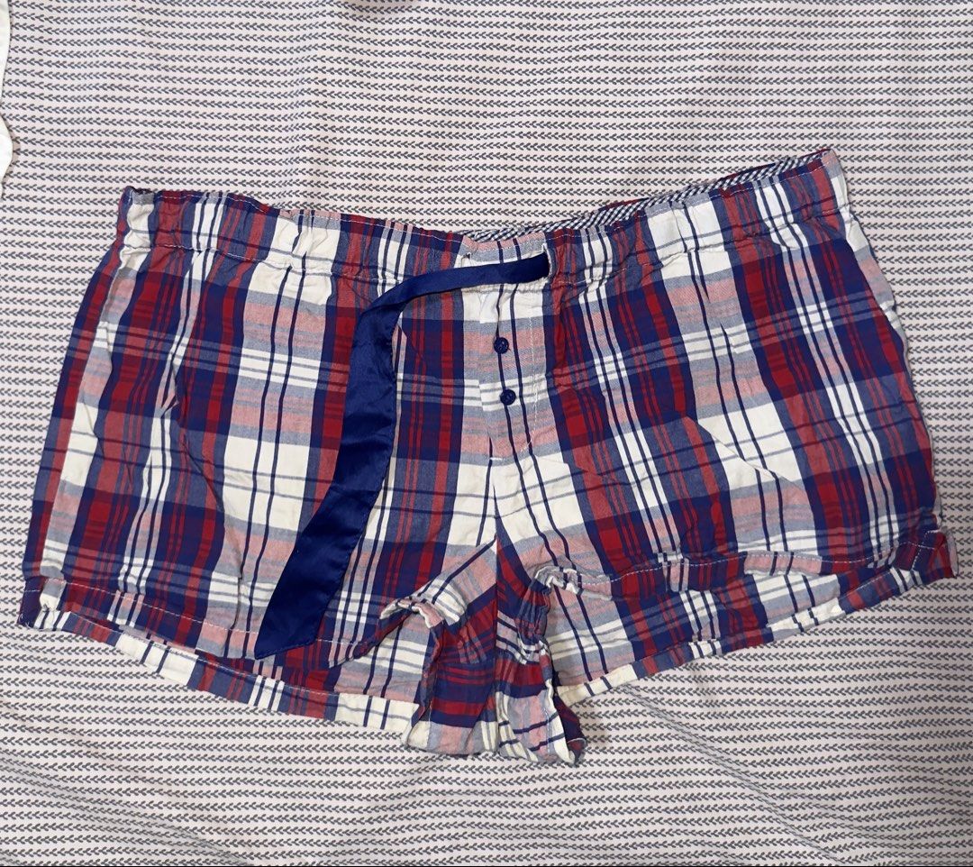 Faded Glory Plaid Pajama Shorts Medium (Category: Shorts) located in Santa Ana. Submitted by fatikilla (Listing ID 1470365076, Image 1). Description: - Brand: Faded Glory - Size: Medium (8-10) - Material: 100% soft, breathable organic cotton - Design: Red, white, and blue plaid with front button accent - Waistband: Elastic with adjustable blue ribbon drawstring - Care: Machine washable - Origin: Made in Bangladesh.