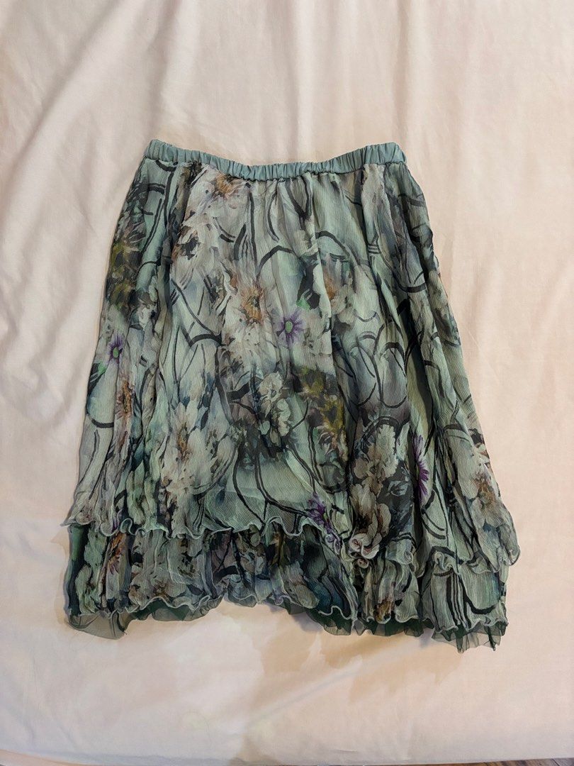 Fairy Ruffled Layered Skirt (Category: Skirts) located in Quezon City. Submitted by cmtom (Listing ID 1470368939, Image 1). Description: Loc: qc Superrr cute fairycore moss green layered skirt. Bought while thrifting in japan in 2024 but never worn (not really my style). Waistband is elastic and the skirt is lined on the inside Loose threads on the inner elastic stitching but otherwise great condition Best fits size XS-M, elastic is quite stretch