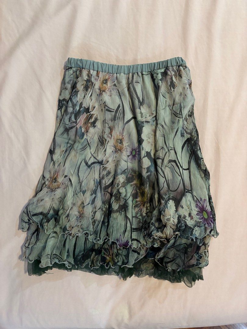 Fairy Ruffled Layered Skirt (Category: Skirts) located in Quezon City. Submitted by cmtom (Listing ID 1470368939, Image 2). Description: Loc: qc Superrr cute fairycore moss green layered skirt. Bought while thrifting in japan in 2024 but never worn (not really my style). Waistband is elastic and the skirt is lined on the inside Loose threads on the inner elastic stitching but otherwise great condition Best fits size XS-M, elastic is quite stretch