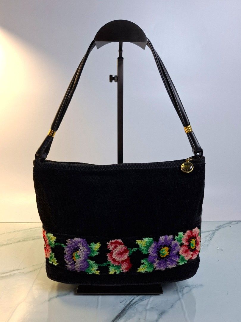 Feiler Chenille Floral Handbag Black (Category: Shoulder Bags) located in Pasay City. Submitted by onick_79 (Listing ID 1470401908, Image 2). Description: - Dimensions: L 26 x H 16 x W 13 cm - Authentic Feiler Germany black chenille handbag - Eye-catching colorful floral pattern stripe down the side - Elegant gold-toned hardware with branded zipper pull and exterior logo patch - Twin black shoulder straps with stylish gold metallic accents - Clea