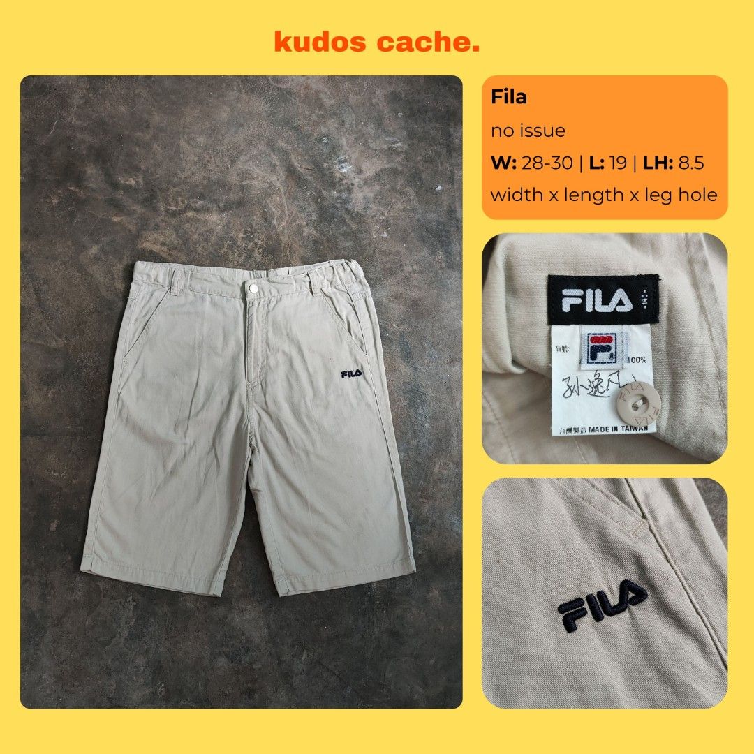 Fila Shorts (Category: Shorts) located in Rosales. Submitted by kudoscache (Listing ID 1470430488, Image 1). Description: - Brand: Fila - Waist: 28-30 | Length: 19 - Color: Khaki / Beige - slightly nego payment: maribank / gotyme courier: J&T.