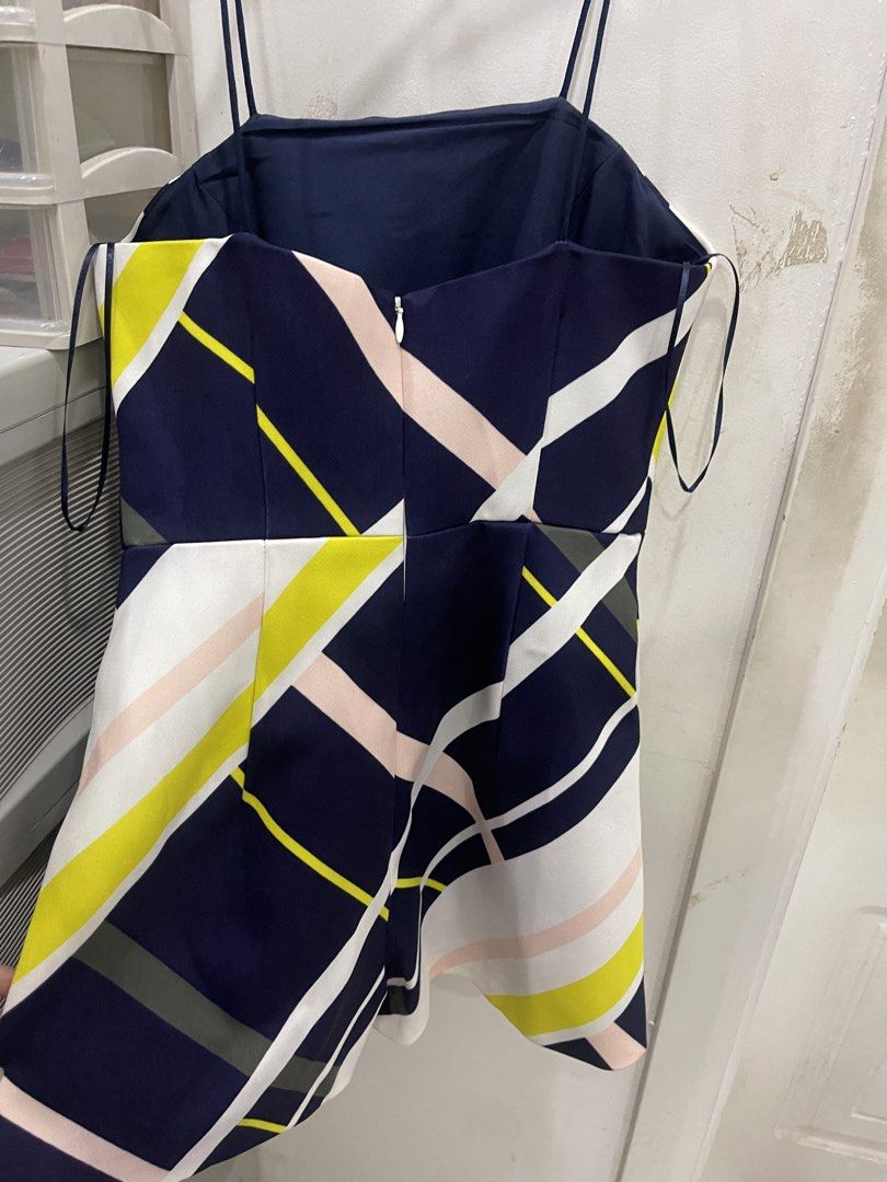 Finders Keepers Multi-Color Geometric Romper Size XS (Category: Rompers) located in Manila. Submitted by mariel1124 (Listing ID 1470524562, Image 3). Description: - Brand: Finders Keepers - Size: XS - Pattern: Navy blue, white, yellow, and pink diagonal stripes - Design: Spaghetti straps, V-neckline wrap front, structured fitted waist, and relaxed shorts - Closure: Back zipper with concealed zip - Details: Clean inside lining, great for warm weat