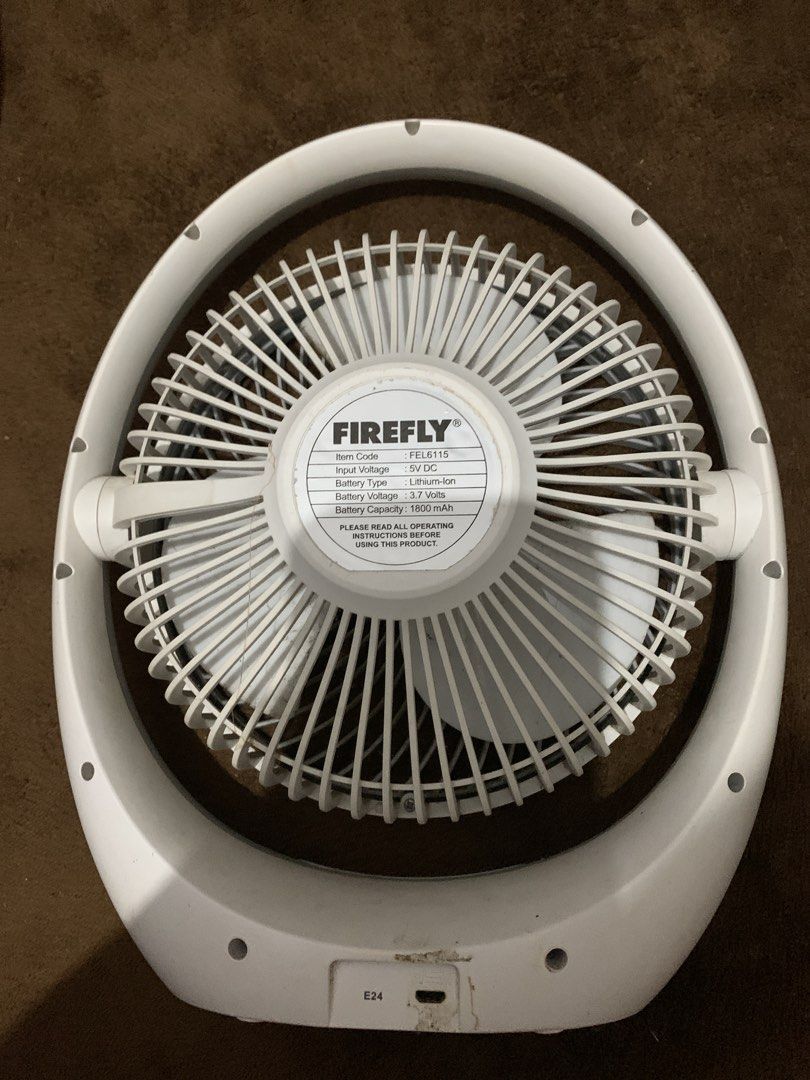 Firefly FEL6115 Rechargeable Desk Fan (Category: Fans) located in Daraga. Submitted by shevvv28 (Listing ID 1470459742, Image 3). Description: -Bought this for P900 selling for 420 - Model: Firefly Desk Fan FEL6115 - Battery: 1800mAh lithium-ion battery for cordless use - Charging: Convenient USB input (5V DC) - Design: Portable with a sturdy carrying handle and adjustable tilt head - Ideal for: Study tables, office desks, and bedside use - Condi