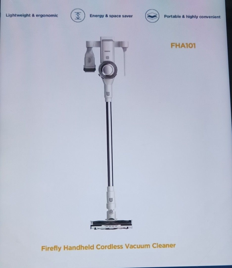 Firefly Handheld Cordless Vacuum Cleaner FHA101 (Category: Vacuum Cleaner & Housekeeping) located in Manila. Submitted by cleverdog_a9b18a (Listing ID 1470351908, Image 1). Description: - Brand: Firefly Cordless Vacuum Cleaner (Model: FHA101) - Power: 300W motor with 3 adjustable suction settings (8 kPa to 21 kPa) - Battery Life: Runs up to 45 minutes on low power setting with a detachable battery - Capacity: Generous 700ml easy-empty dust bin - 