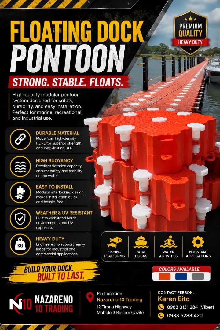 Floating Dock Pontoon (Category: Looking For) located in Bacoor. Submitted by kajezame.2021 (Listing ID 1470433740, Image 1). Description: Floating Dock Pontoon For More Details and Discount Contact Ms. Karen NAZARENO 10 TRADING 0963 0131 284 0933 6283 420 0956 7028 557 0933 8559 510 Landline: Look for Ms. Karen (046 ) 416 3920 Also available: • Traffic cone • Parking Block stopper • Hooded trash bin • Road Plastic Barrier • Spill boom • Fishing 