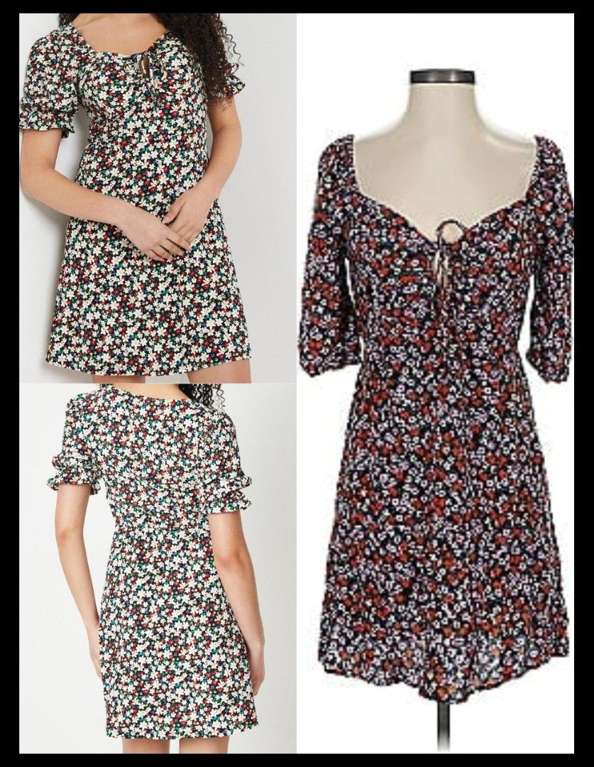 Floral Print Square Neck Tie-Front Mini Dress (Category: Dresses) located in Paranaque City. Submitted by calm_youngstore7 (Listing ID 1470441682, Image 1). Description: - Style: Black floral mini dress - Neckline: Sweetheart with front tie detail - Sleeves: Short puff sleeves with ruffled cuffs - Fit: Fitted bodice with a gently flared hem - Occasion: Perfect for warm weather and casual daytime outings - Condition: Brand new / Excellent.
