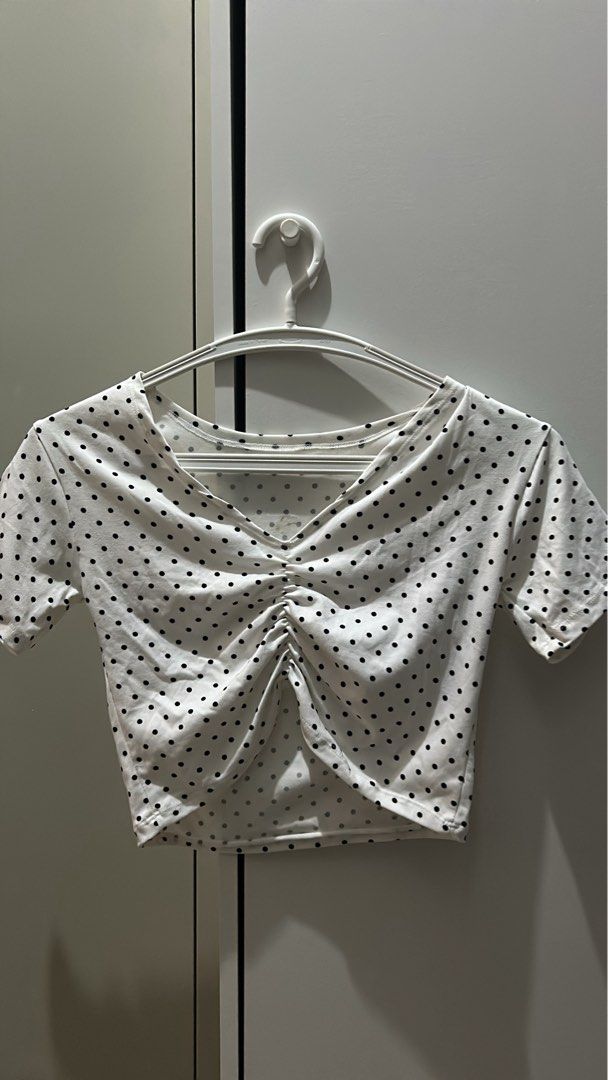 Forever 21 Crop Tops Bundle - Set of 4 (Category: Sleeveless) located in Manila. Submitted by wonderwoman_023 (Listing ID 1470387965, Image 2). Description: - Brand: Forever 21 - Quantity: Set of 4 trendy crop tops - Items included: White polka dot ruched tee, blue & white striped high-neck tank, black & white striped off-shoulder long sleeve, and olive green floral spaghetti strap top - Style: Casual, perfect for mix-and-match everyday outfits -