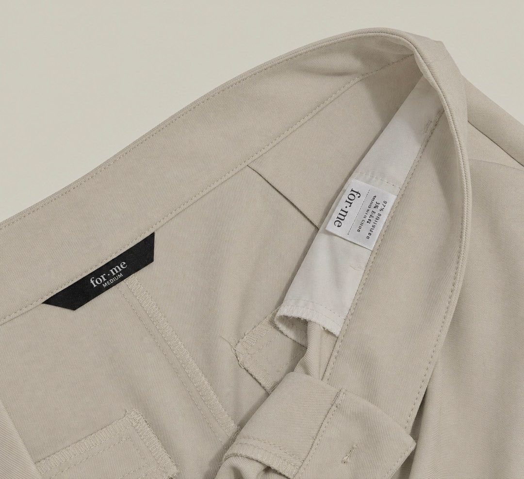 ForMe Beige Tapered Trousers (Category: Other Bottoms) located in Santa Rosa. Submitted by allysuhnicole (Listing ID 1470467416, Image 3). Description: - Size: Medium (30-31" waistline) ; 37" length - Color: Classic beige - With two front pockets - Fabric: Premium fabric blend - Condition: Good, with a small dot mark/run near the back pocket (see last photo for details) - Used twice only.