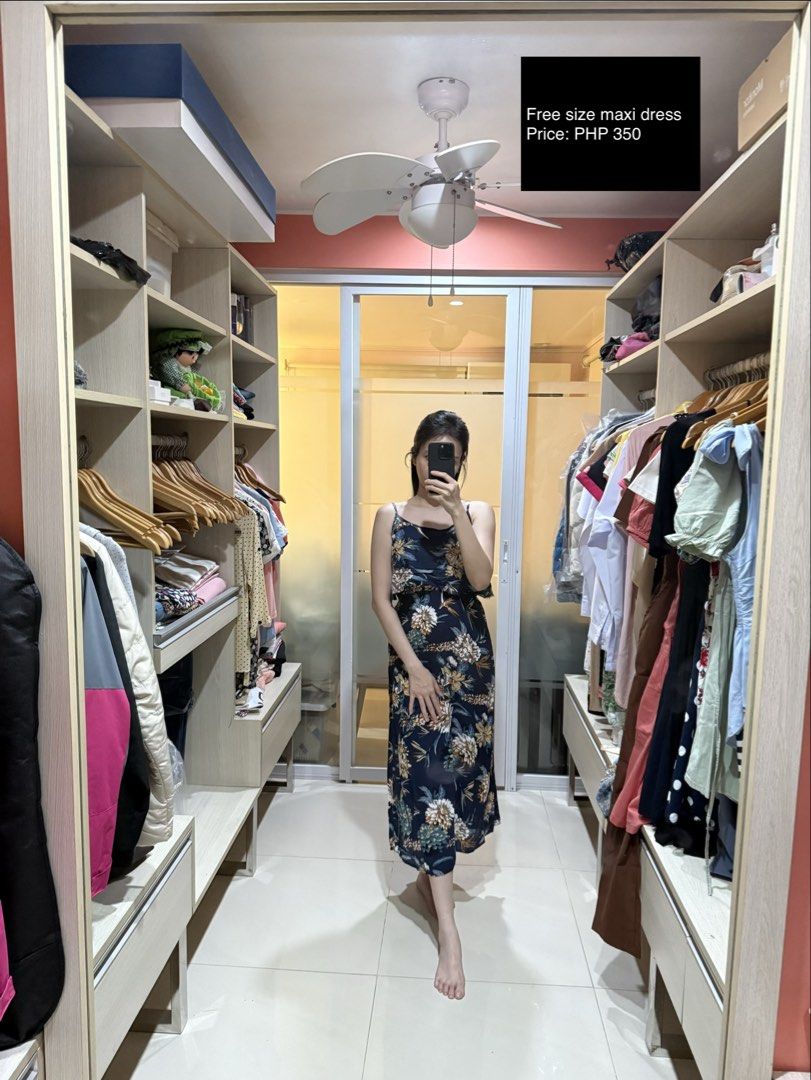 Free size maxi dress (Category: Dresses) located in Makati City. Submitted by thrift.plethora (Listing ID 1470490653, Image 2). Description: - Price: 350 PHP each - Option 1: Dark navy with floral pattern, free size - Option 2: Blue paisley print with garterized back, fits small to medium - Features: Spaghetti straps, easy throw-on style - Perfect for: Casual days out or vacations - Send a DM for any questions!.