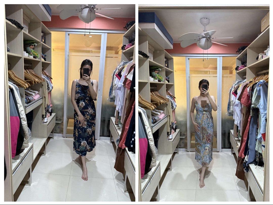 Free size maxi dress (Category: Dresses) located in Makati City. Submitted by thrift.plethora (Listing ID 1470490653, Image 1). Description: - Price: 350 PHP each - Option 1: Dark navy with floral pattern, free size - Option 2: Blue paisley print with garterized back, fits small to medium - Features: Spaghetti straps, easy throw-on style - Perfect for: Casual days out or vacations - Send a DM for any questions!.